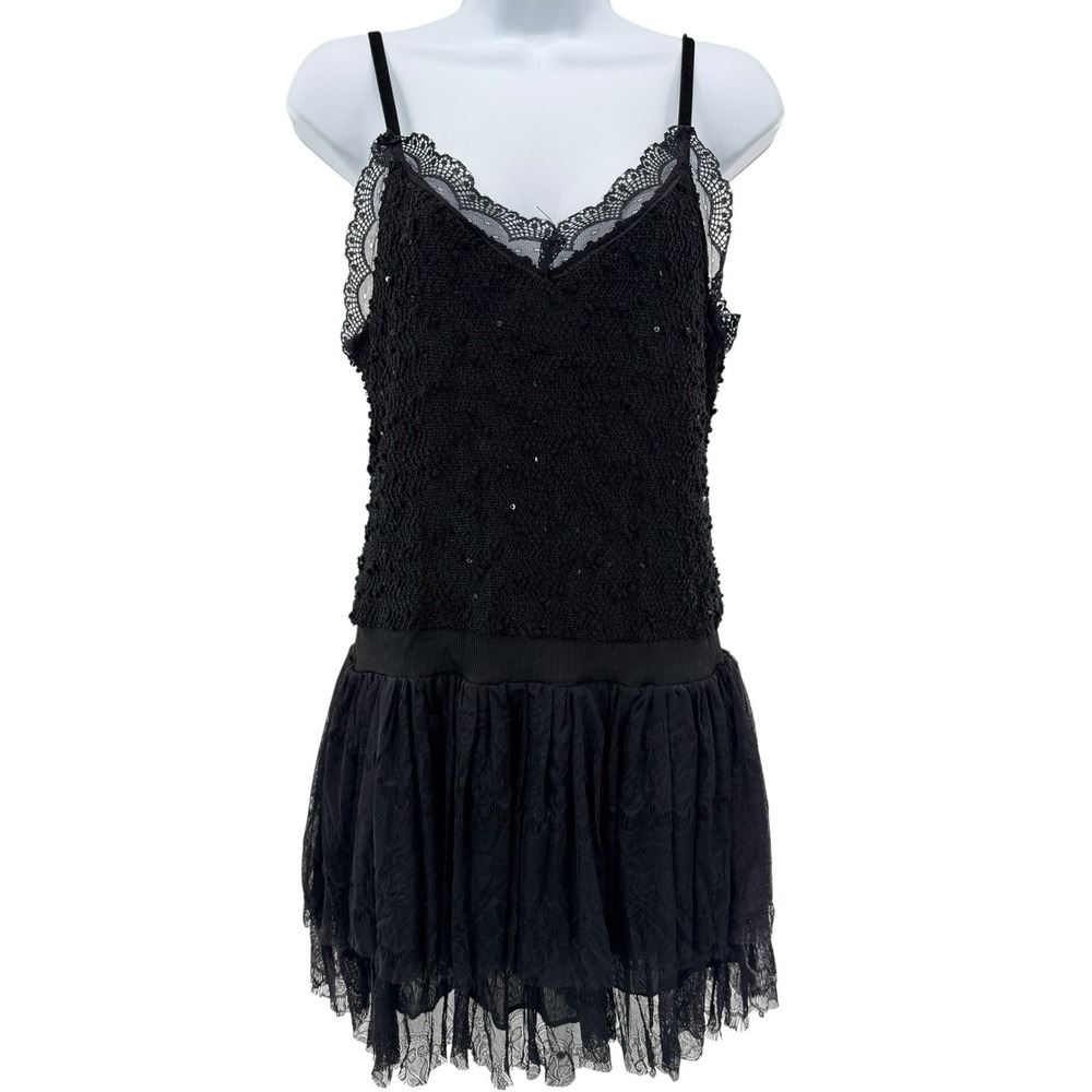 Urban Mango Black Lace Sequin Slip Dress L Smocked Bodice Tiered Gothic Party